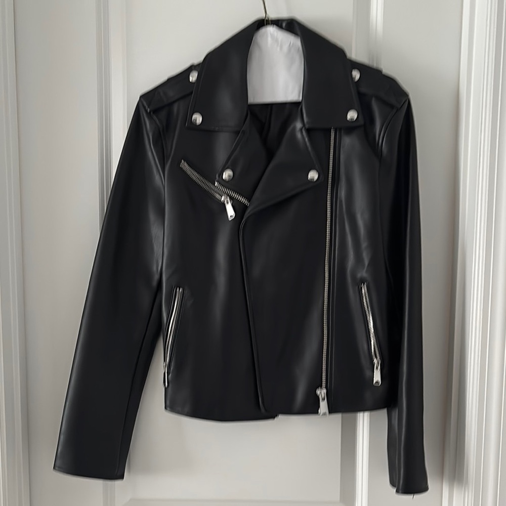 Black Leather-Effect Biker Jacket